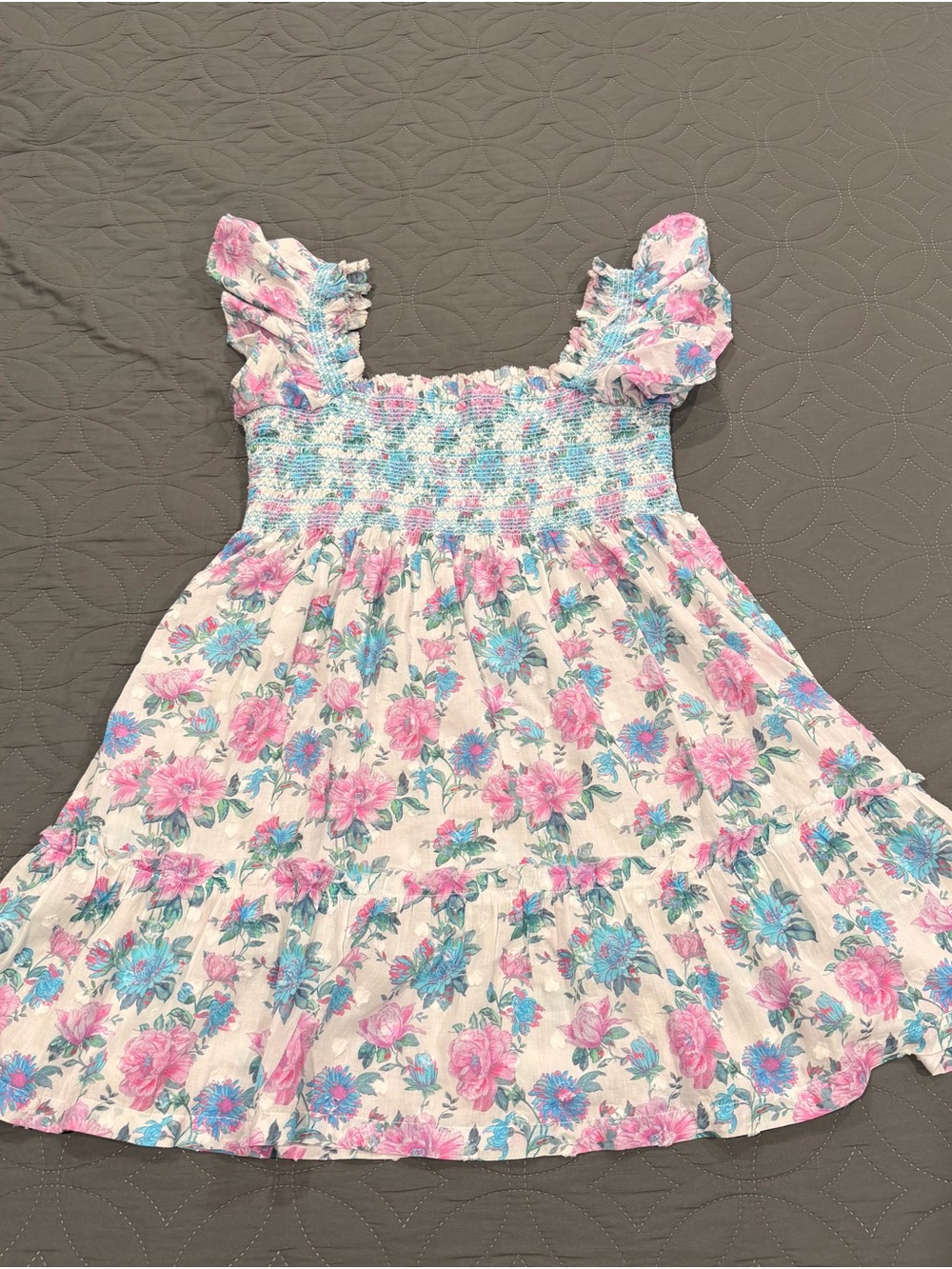 LoveShackFancy Cream Mini Dress with Pink & Blue Floral Print